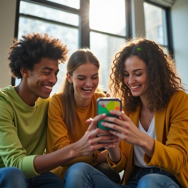 People laughing while using a colorful banking app